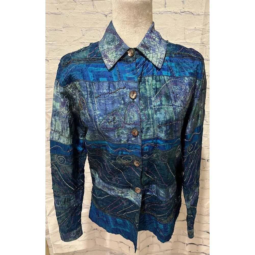 Chico's Blue 100% Silk 0/US Small Shacket Beaded Embroidered Pearl Buttons Coat
